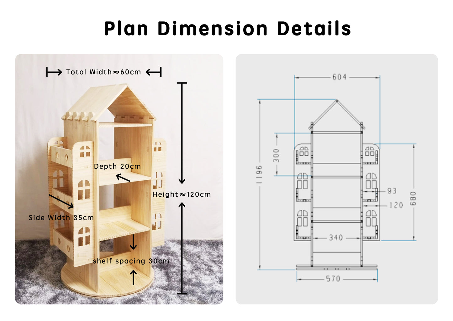 Premium Wooden Revolving Castle Bookshelf | 360° Rotating Storage