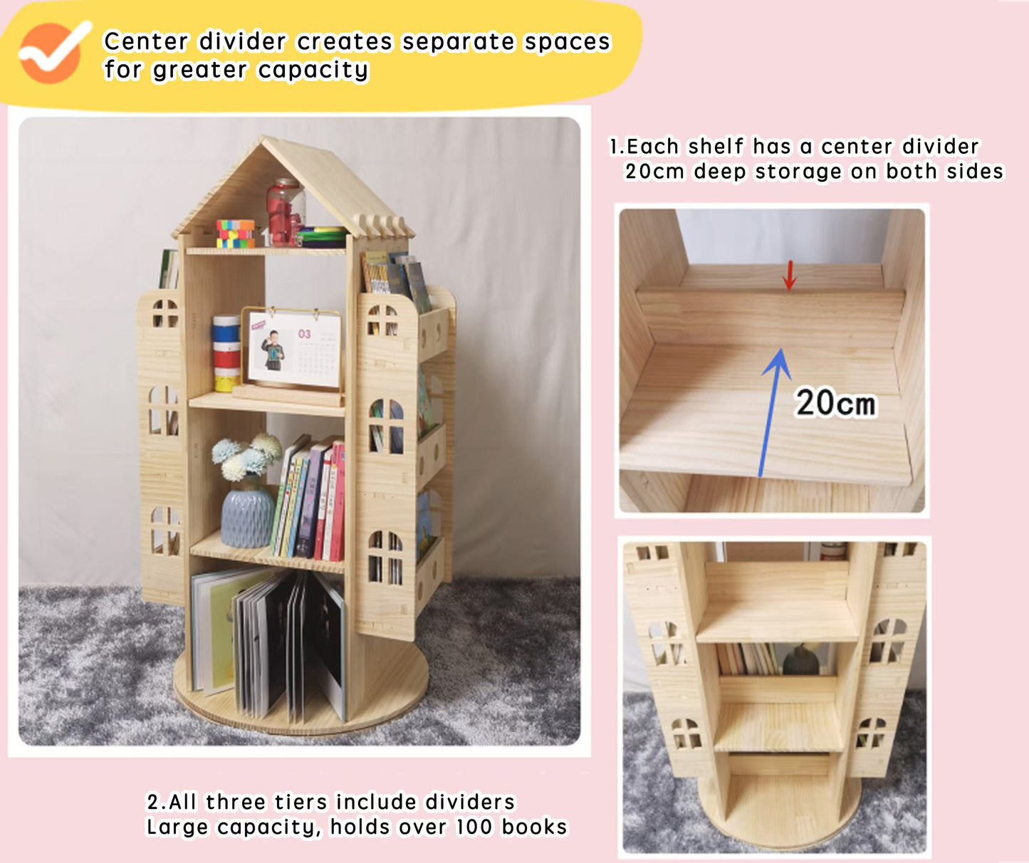 Premium Wooden Revolving Castle Bookshelf | 360° Rotating Storage