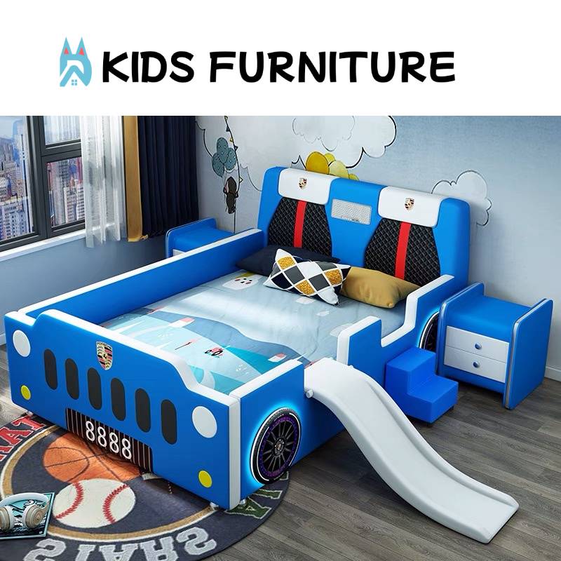 Red Racing Car Bed with Slide – Fun Kids Bed with Seat-Back Headboard & Nightstand