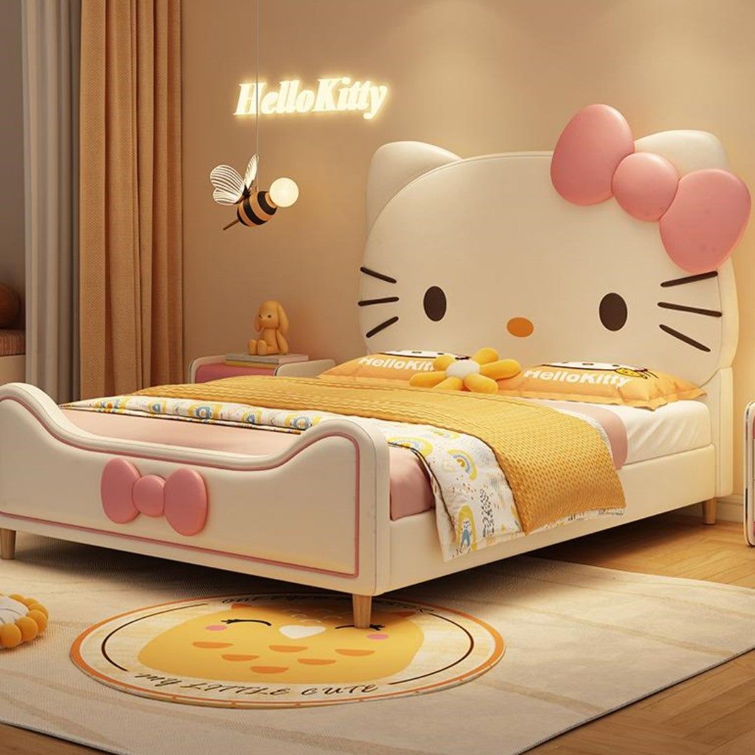 Hello Kitty Leather Princess Bed | Pink Upholstered Kids Bed | Cute Cartoon Design