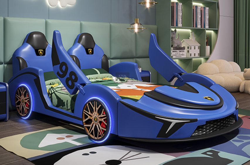 Cool Car Shape Bed For Boys Kid Cartoon Furniture With Guardrail Simulation Design Leather Solid Wood Frame 1.2m Children Bed