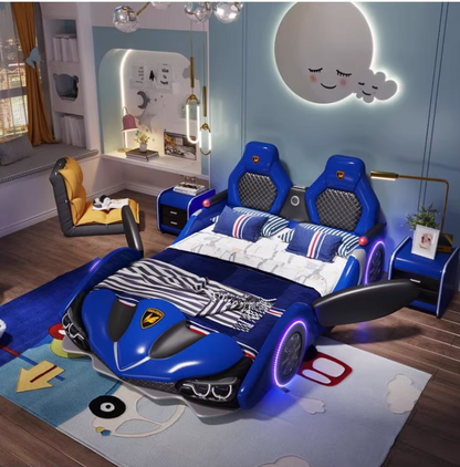 Cool Car Shape Bed For Boys Kid Cartoon Furniture With Guardrail Simulation Design Leather Solid Wood Frame 1.2m Children Bed