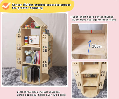 Premium Wooden Revolving Castle Bookshelf | 360° Rotating Storage