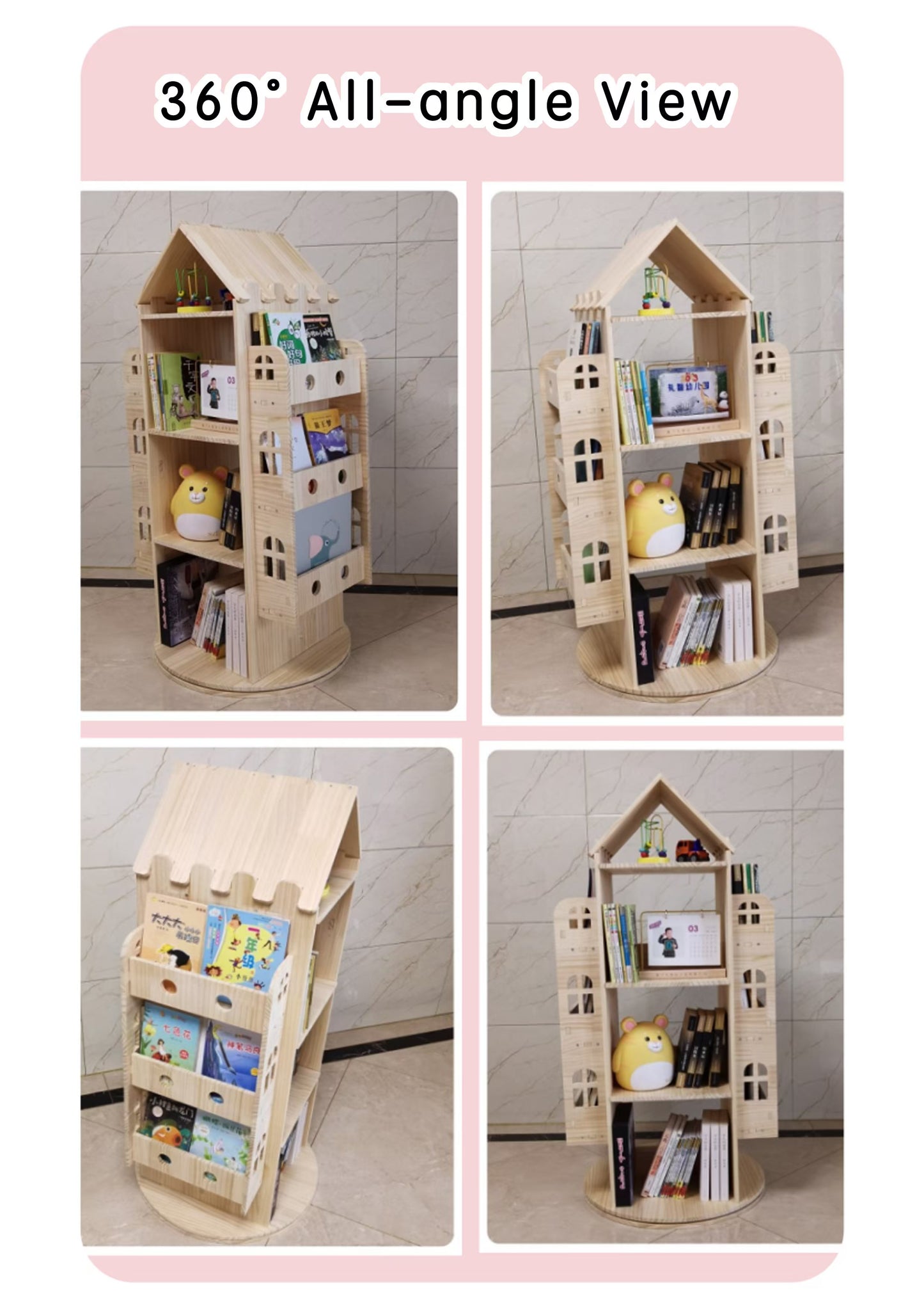 Premium Wooden Revolving Castle Bookshelf | 360° Rotating Storage