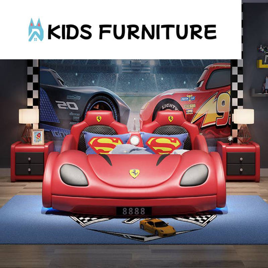 Red Genuine PU Leather Kids Car Bed