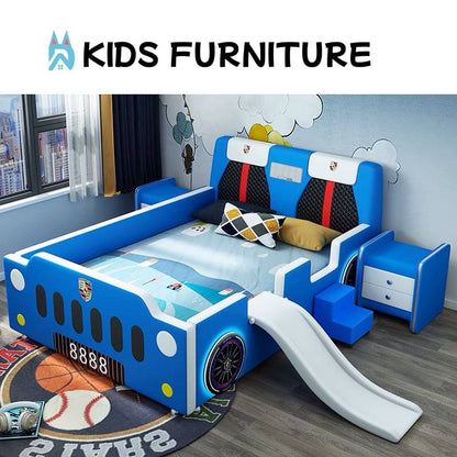 Red Racing Car Bed with Slide – Fun Kids Bed with Seat-Back Headboard & Nightstand