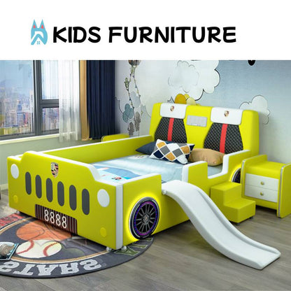Red Racing Car Bed with Slide – Fun Kids Bed with Seat-Back Headboard & Nightstand