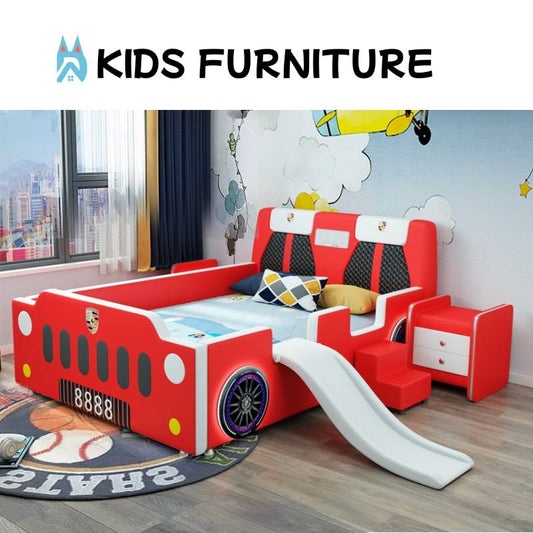 Red Racing Car Bed with Slide – Fun Kids Bed with Seat-Back Headboard & Nightstand