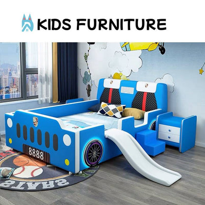 Red Racing Car Bed with Slide – Fun Kids Bed with Seat-Back Headboard & Nightstand