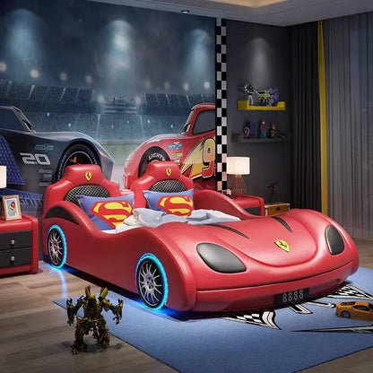 Red Genuine PU Leather Kids Car Bed