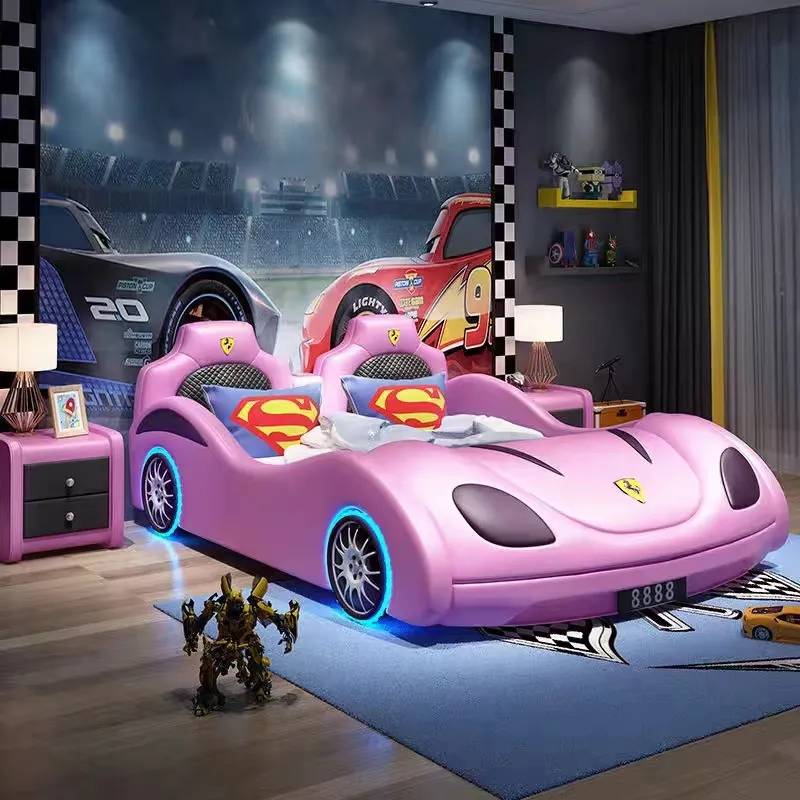 Red Genuine PU Leather Kids Car Bed