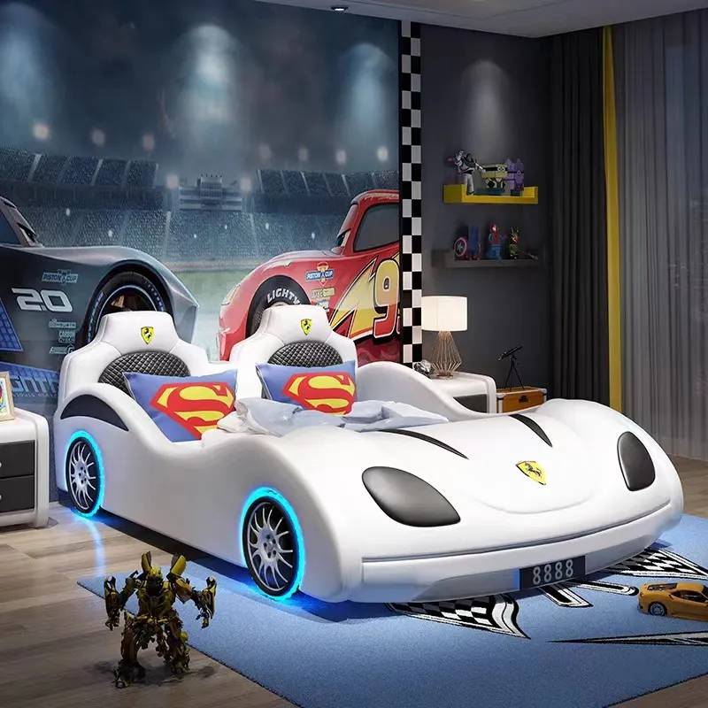 Red Genuine PU Leather Kids Car Bed