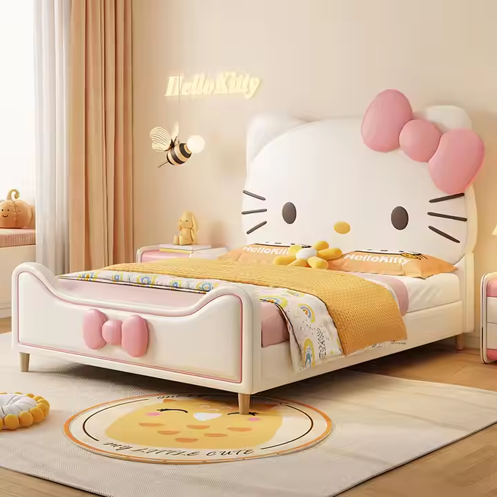 Hello Kitty Leather Princess Bed | Pink Upholstered Kids Bed | Cute Cartoon Design