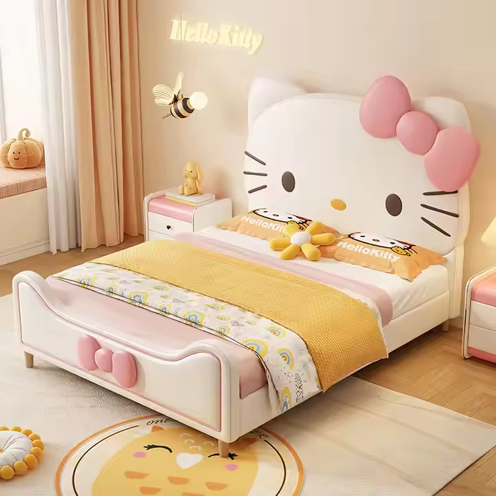 Hello Kitty Leather Princess Bed | Pink Upholstered Kids Bed | Cute Cartoon Design