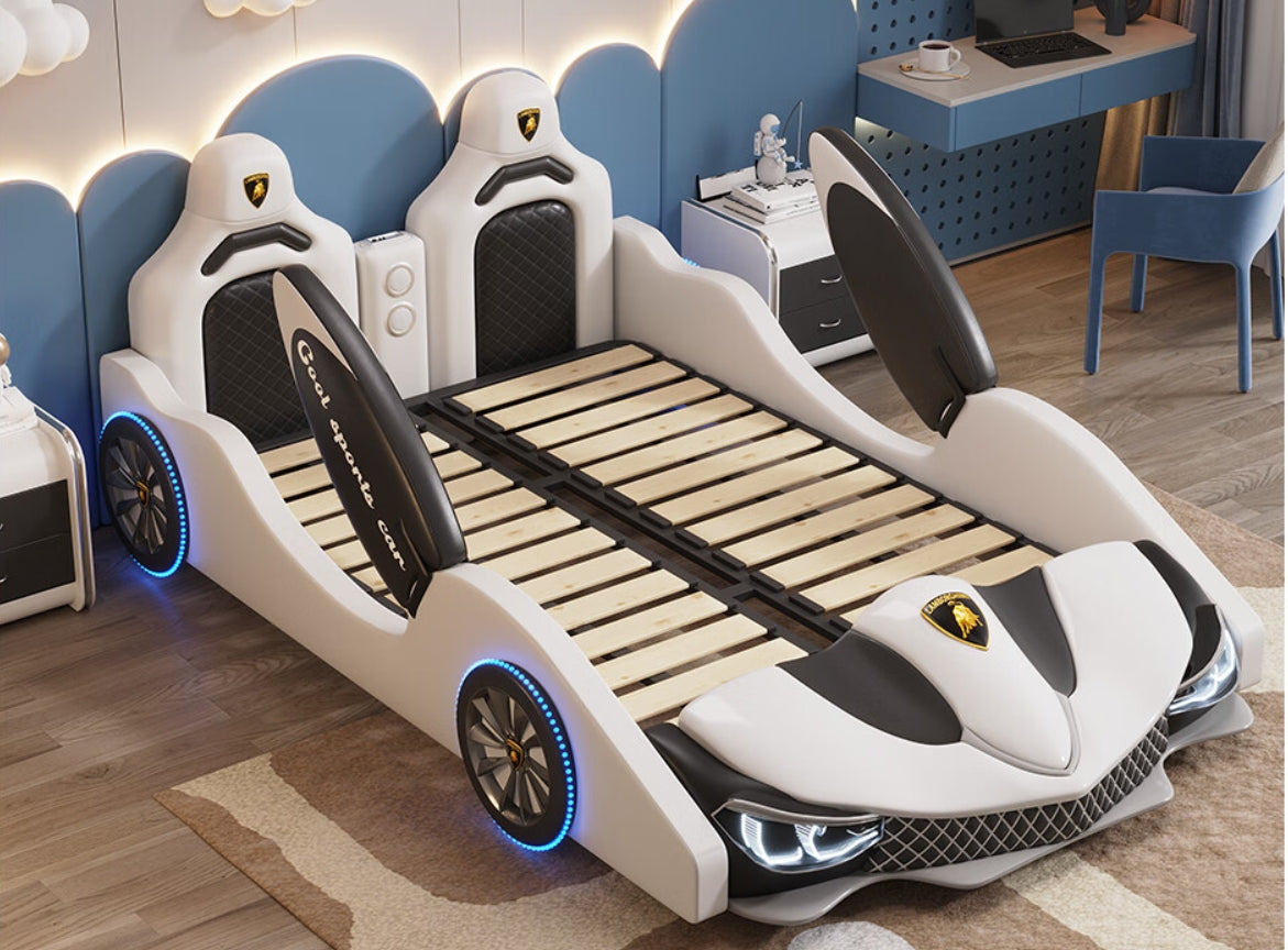 Cool Car Shape Bed For Boys Kid Cartoon Furniture With Guardrail Simulation Design Leather Solid Wood Frame 1.2m Children Bed