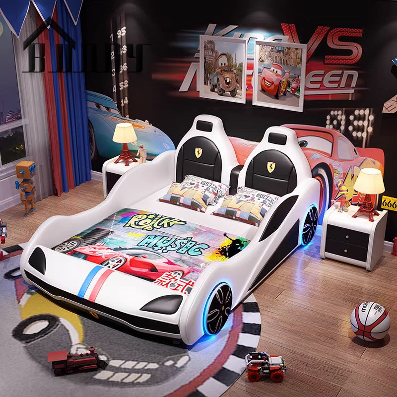 White PU Leather Kids Car Bed