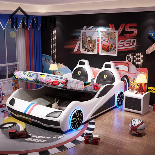 White PU Leather Kids Car Bed