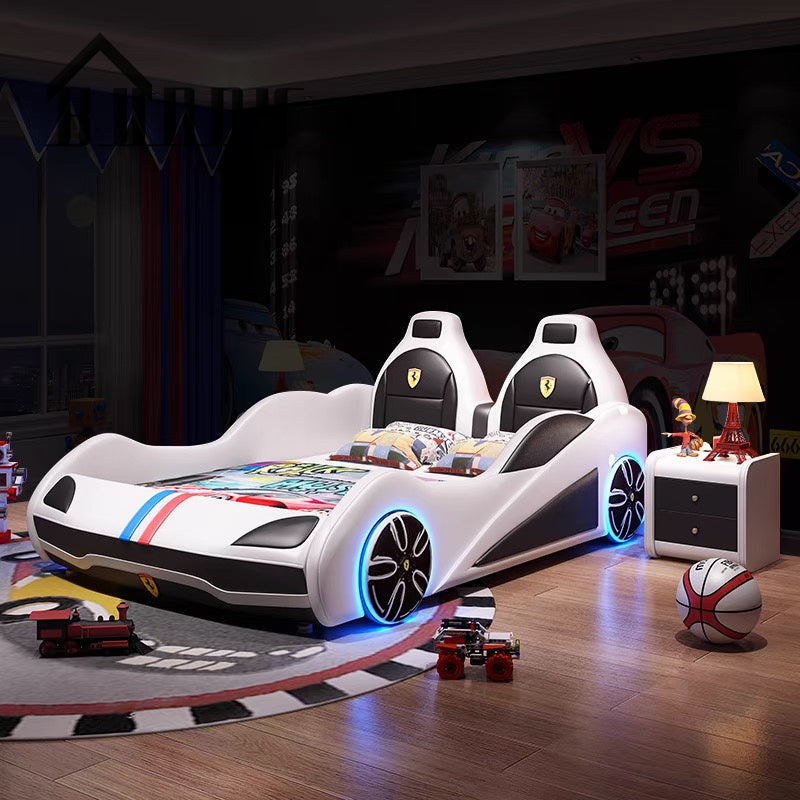White PU Leather Kids Car Bed
