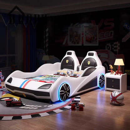 White PU Leather Kids Car Bed