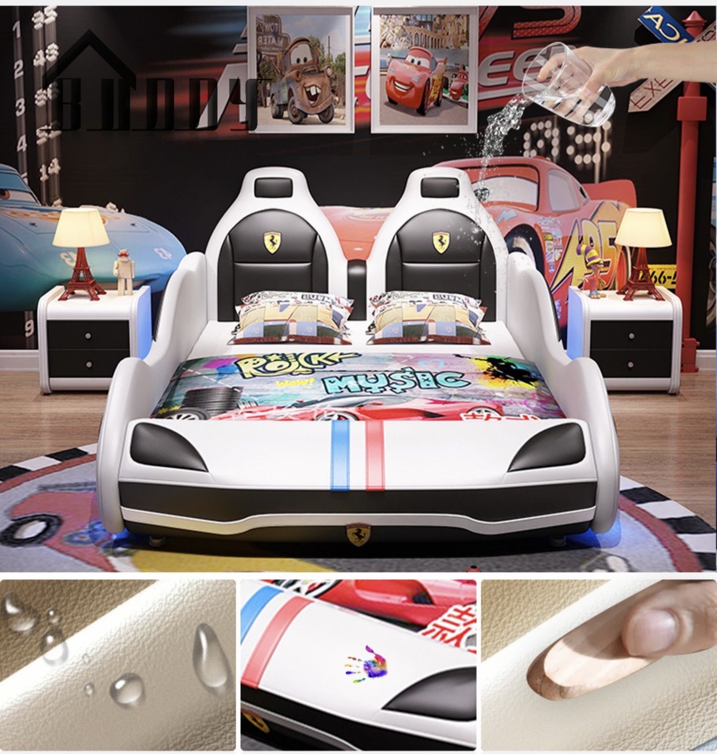 White PU Leather Kids Car Bed
