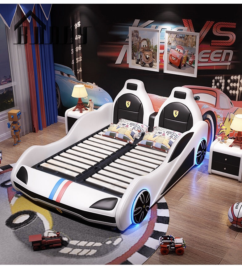 White PU Leather Kids Car Bed