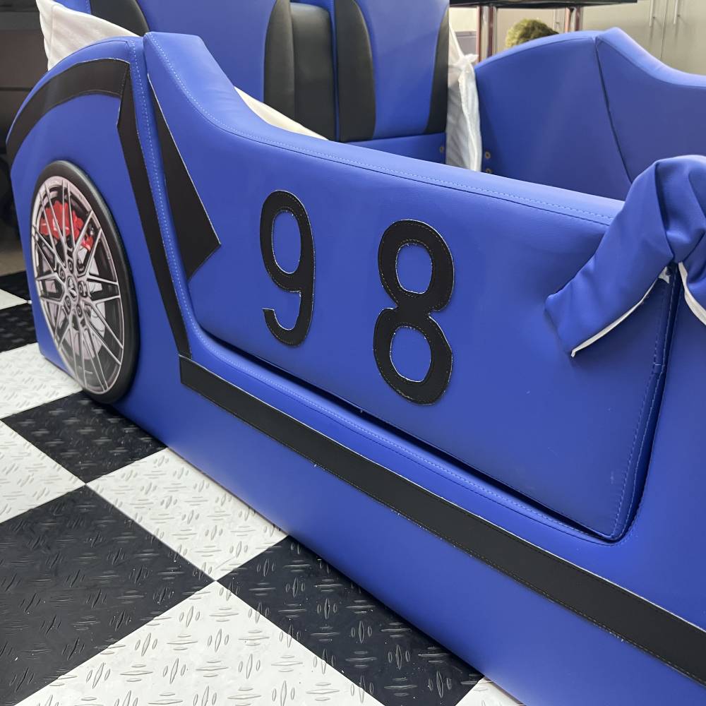 Cool Car Shape Bed For Boys Kid Cartoon Furniture With Guardrail Simulation Design Leather Solid Wood Frame 1.2m Children Bed